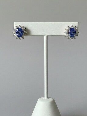 Vintage Tanzanite and Diamond 14K Yellow Gold Pierced Earrings